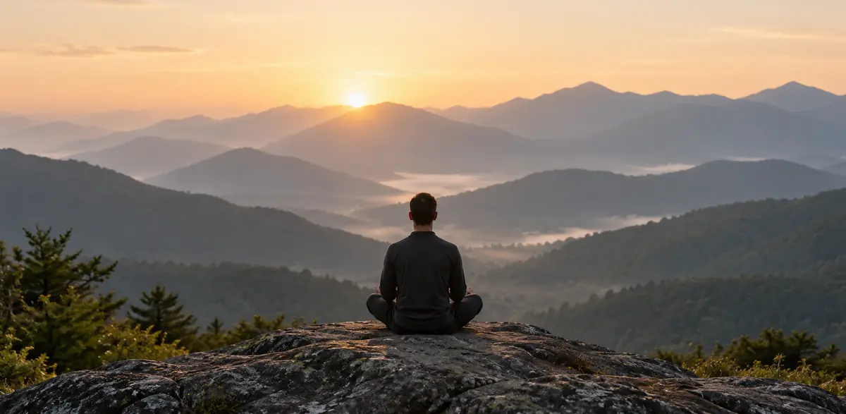 Meditation overlooking a mountain landscape